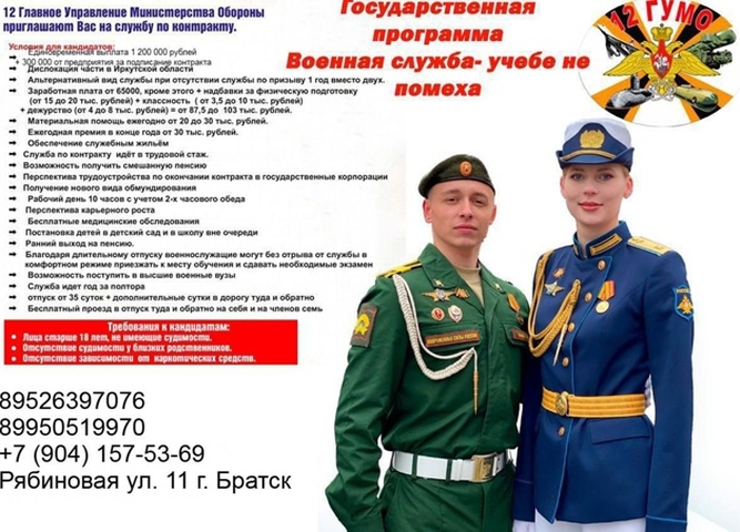 12 Главное Управление Министерства Обороны приглашают Вас на службу по контракту.